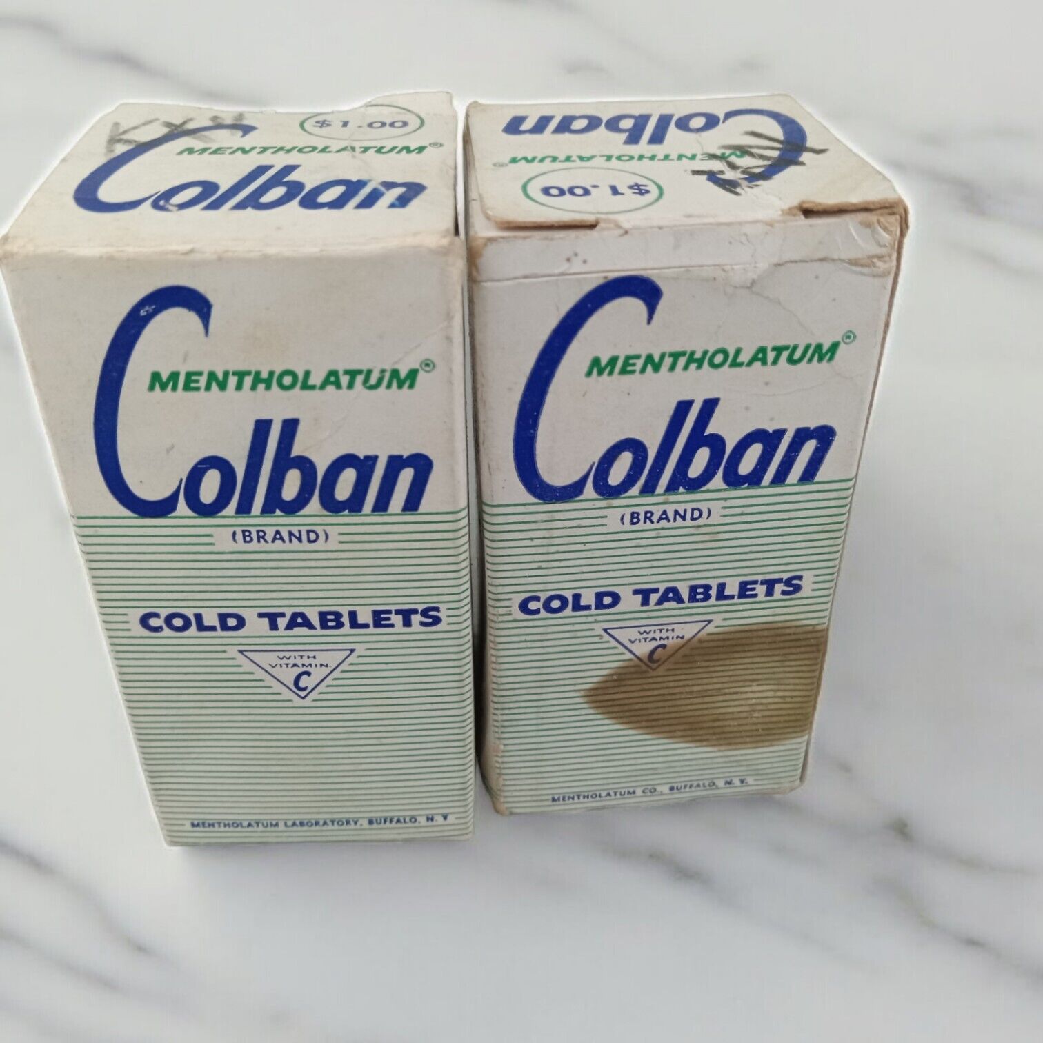 Vintage Pharmacy Advertising COBLAN Mentholatum Cold Tablets Box & Glass Bottle