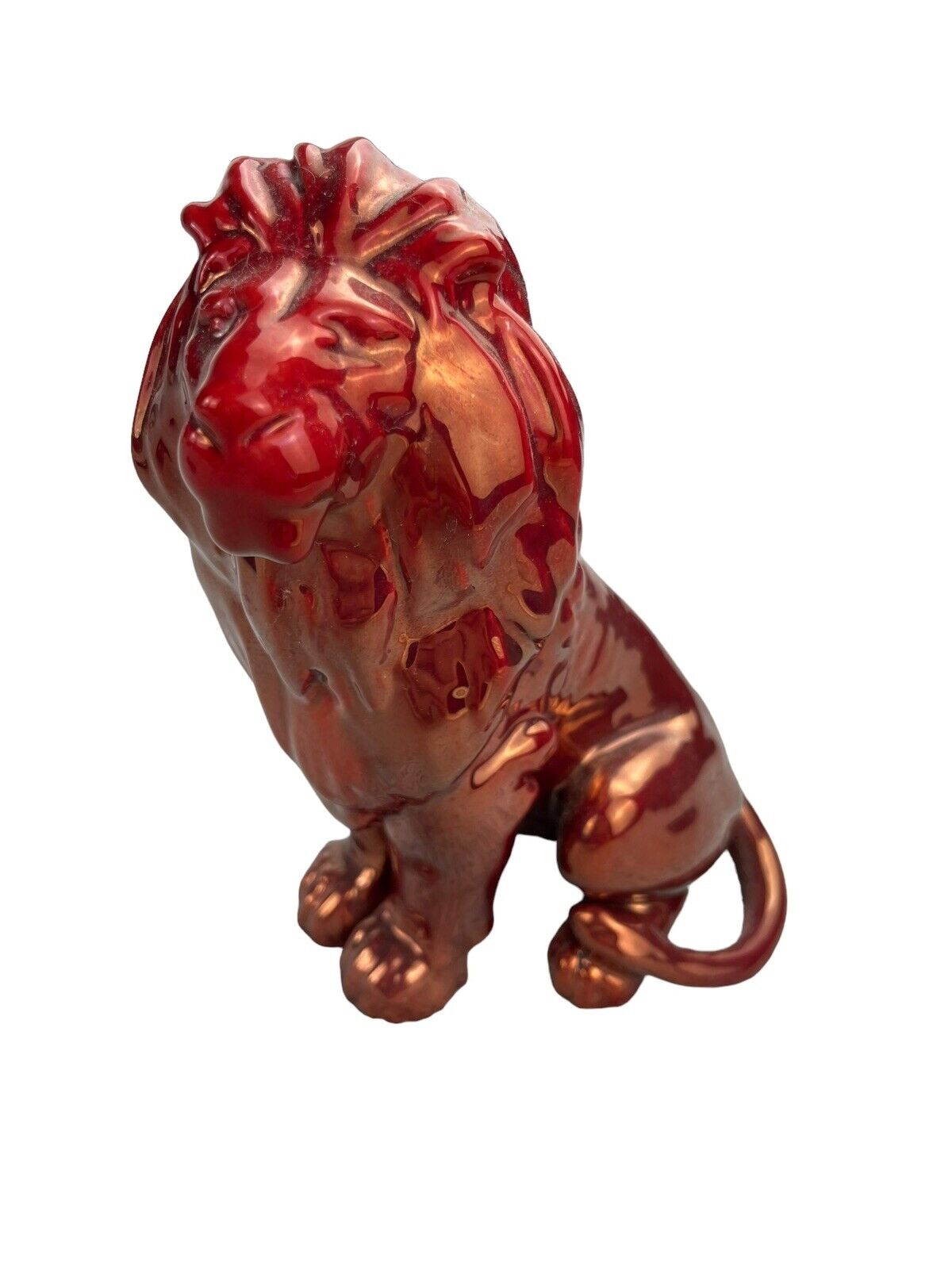 MCM Zsolnay Eosin Lion Figurine, Iridescent Glazed Deep Red Hungary 5.8”