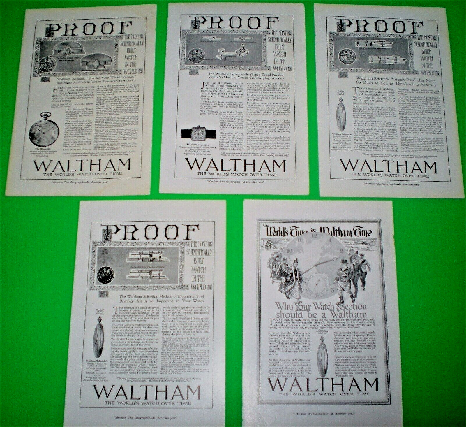 WALTHAM POCKET WATCH ADS ~ 5 DIFFERENT ~ 1918-1920