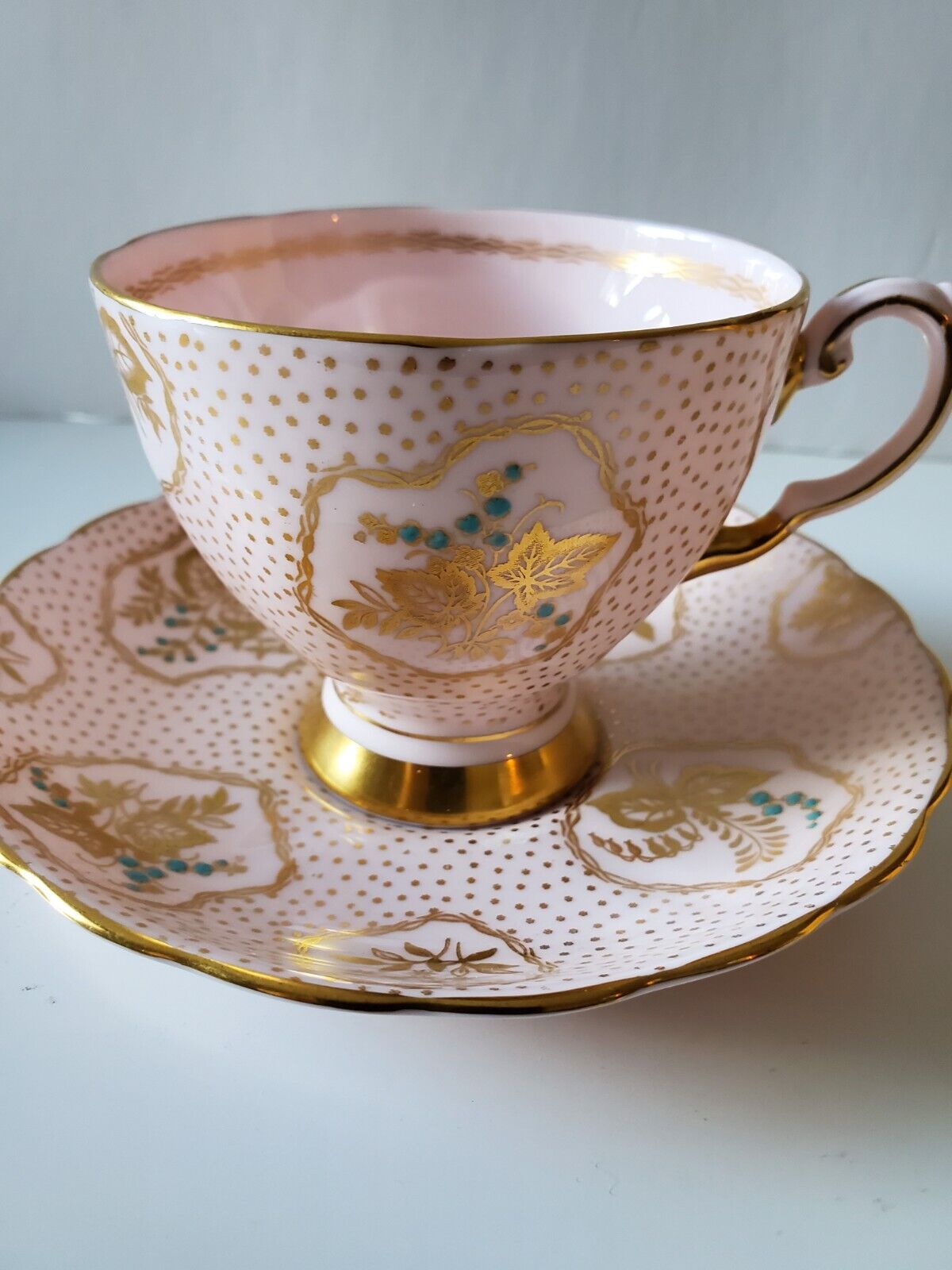 Vintage Tuscan Pink Tea Cup and Saucer with Gold Leaves, Fine English Bone China