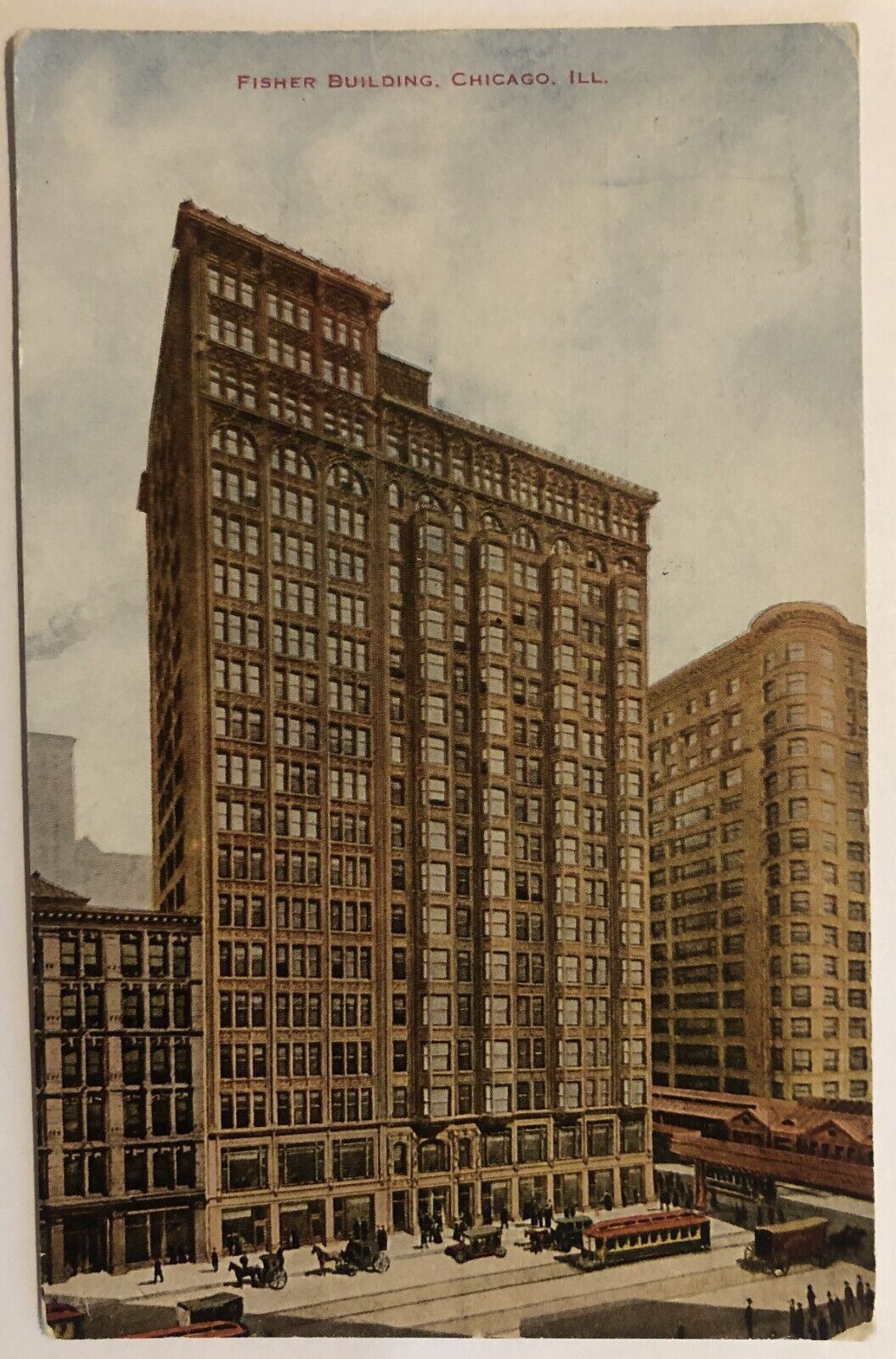 Fisher Building, Chicago, ILL. Antique Postcard, p 1911, Horse buggy, Cars