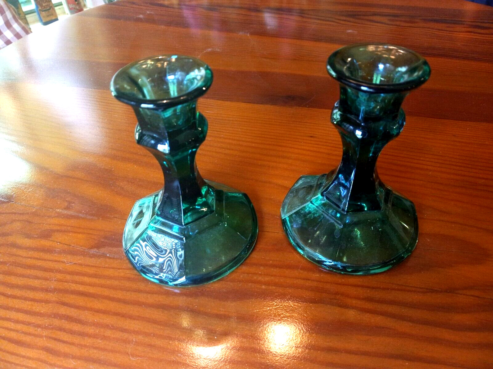 Vintage Teal Green Glass Taper Candlestick Holders 2pcs  4”