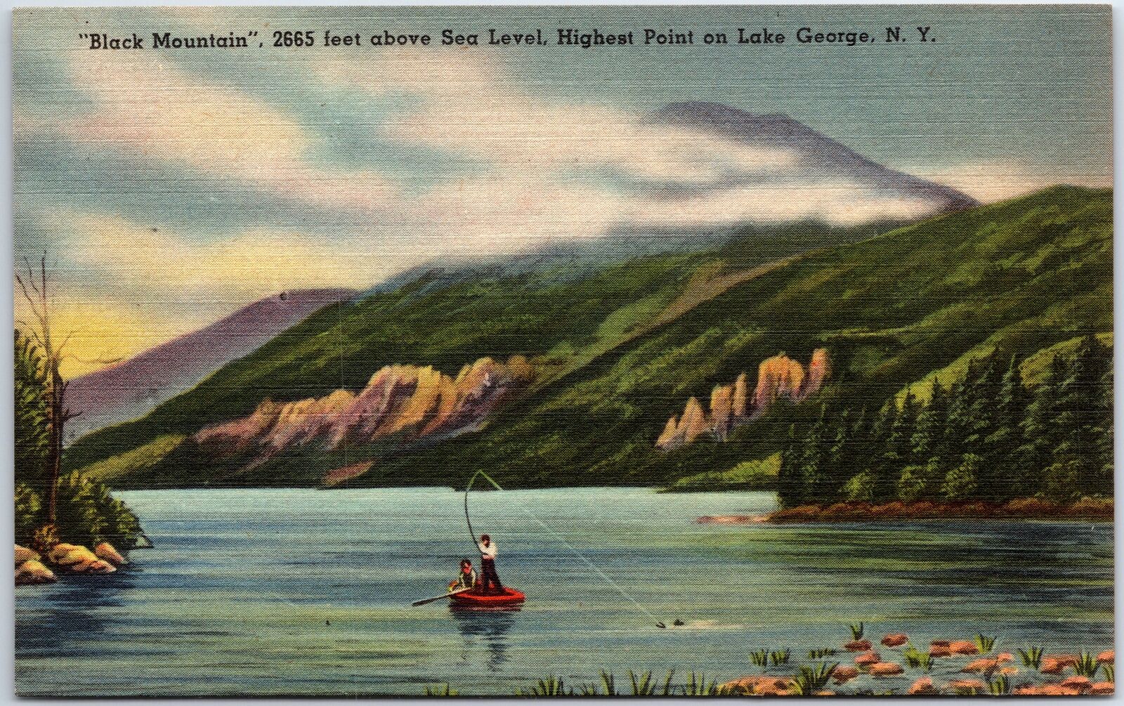 VINTAGE POSTCARD FISHING AT BLACK MOUNTAIN LAKE GEORGE NEW YORK 1930s/1940s