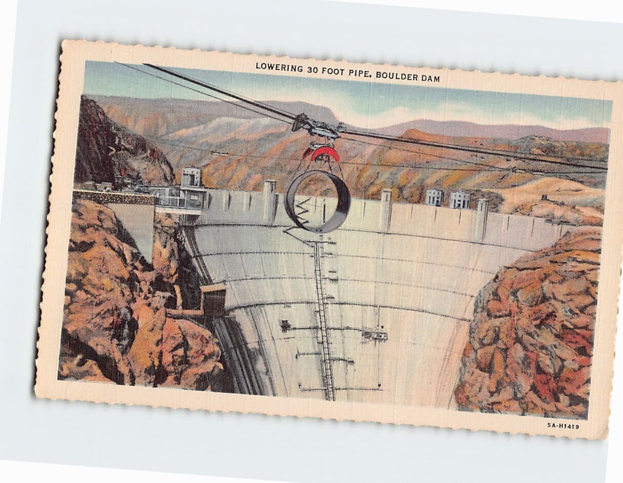 Postcard Lowering 30 Foot Pipe Boulder Dam Boulder City Nevada USA