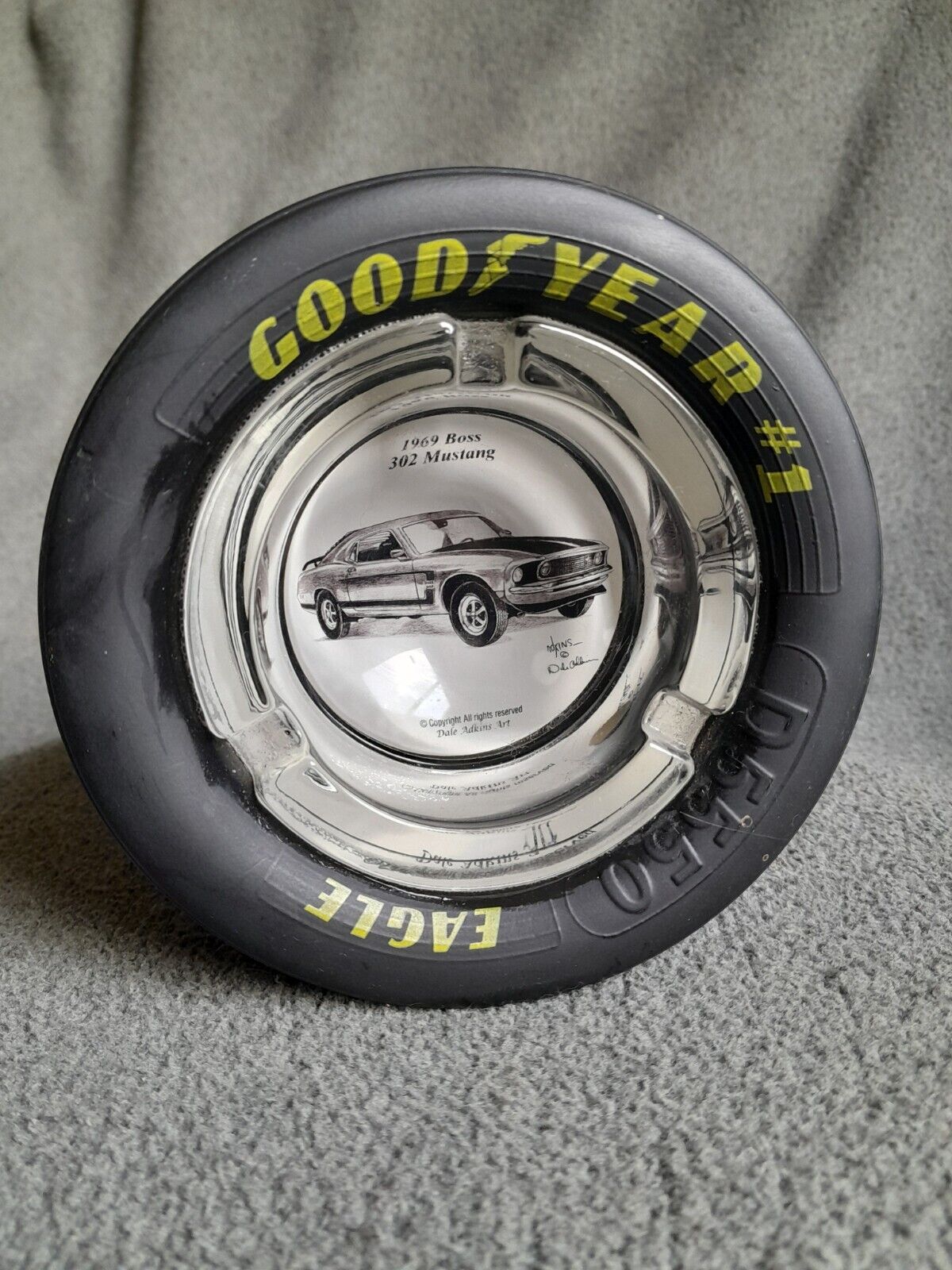 Vintage Goodyear Tire Ashtray FORD MUSTANG Glass on Rubber Man Cave Collector