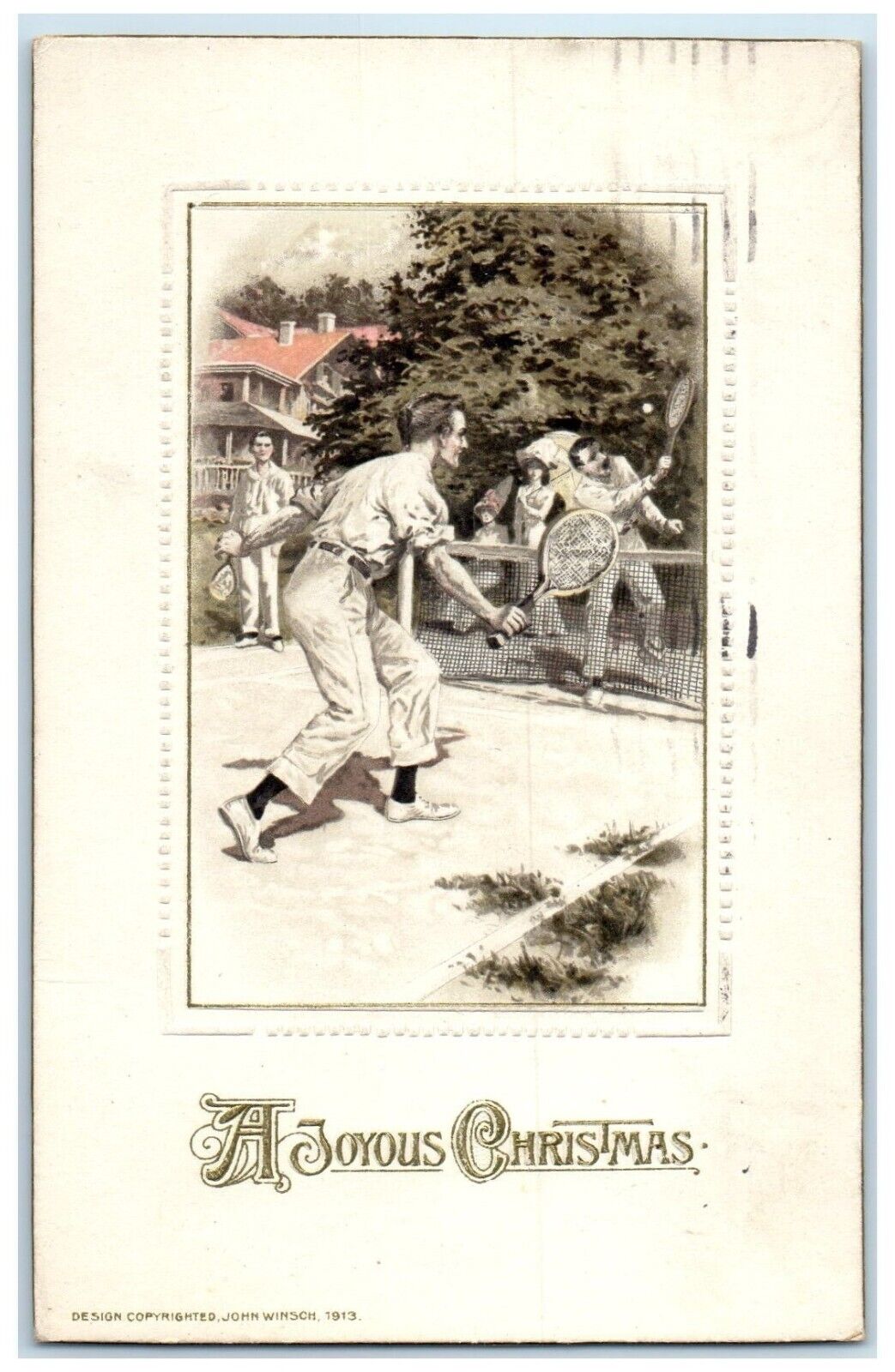 1913 Christmas Boys Playing Sports John Winsch Cincinnati Ohio OH Postcard
