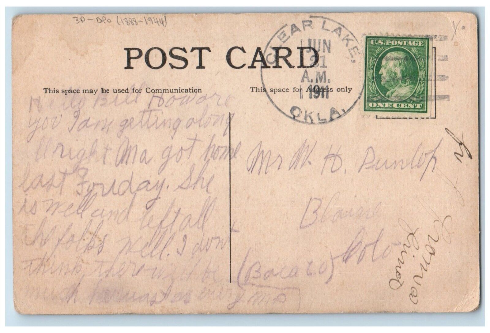 DPO (1888-1944) Clear Lake OK Postcard Suppose You Hurry And Come Home 1911