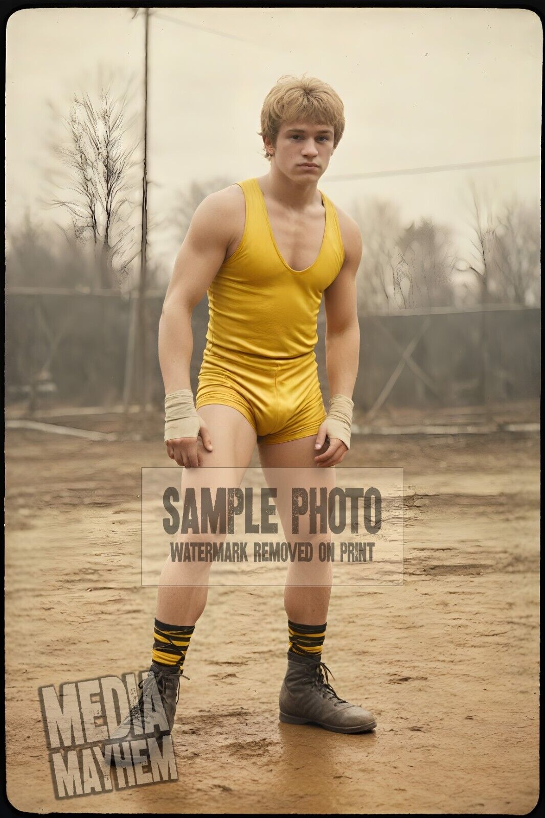 Wrestling wearing Yellow Singlet Bulge Print 4x6 Gay Interest Photo #1121