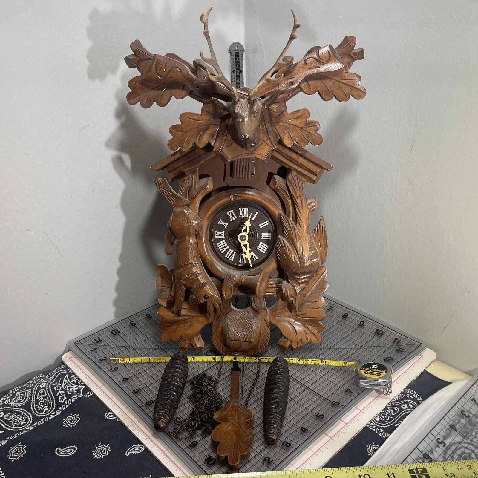 Black Forest Deer Head Hunter Cuckoo Clock West Germany Vintage Antlers Rare