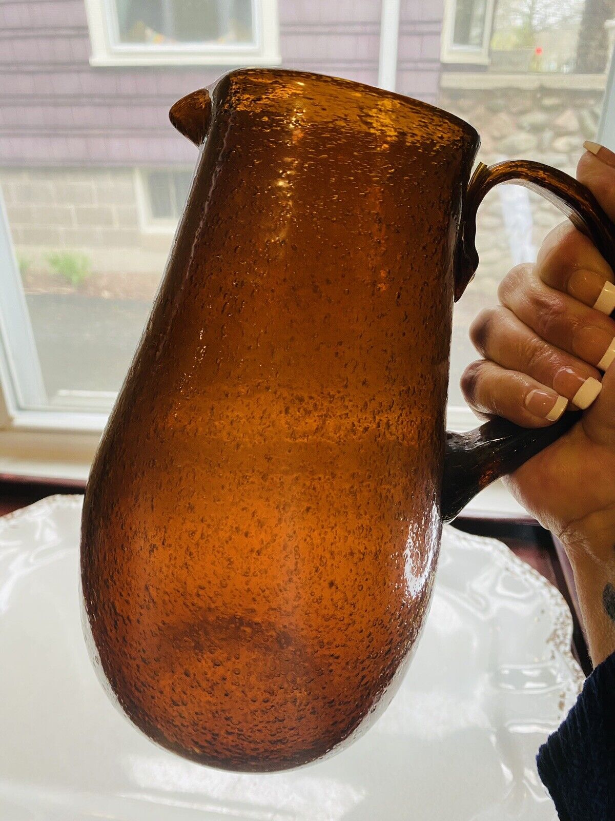 1960\'s Blenko Style Brown Bubble Pitcher 64 OZ Applied Handle Hand Crafted