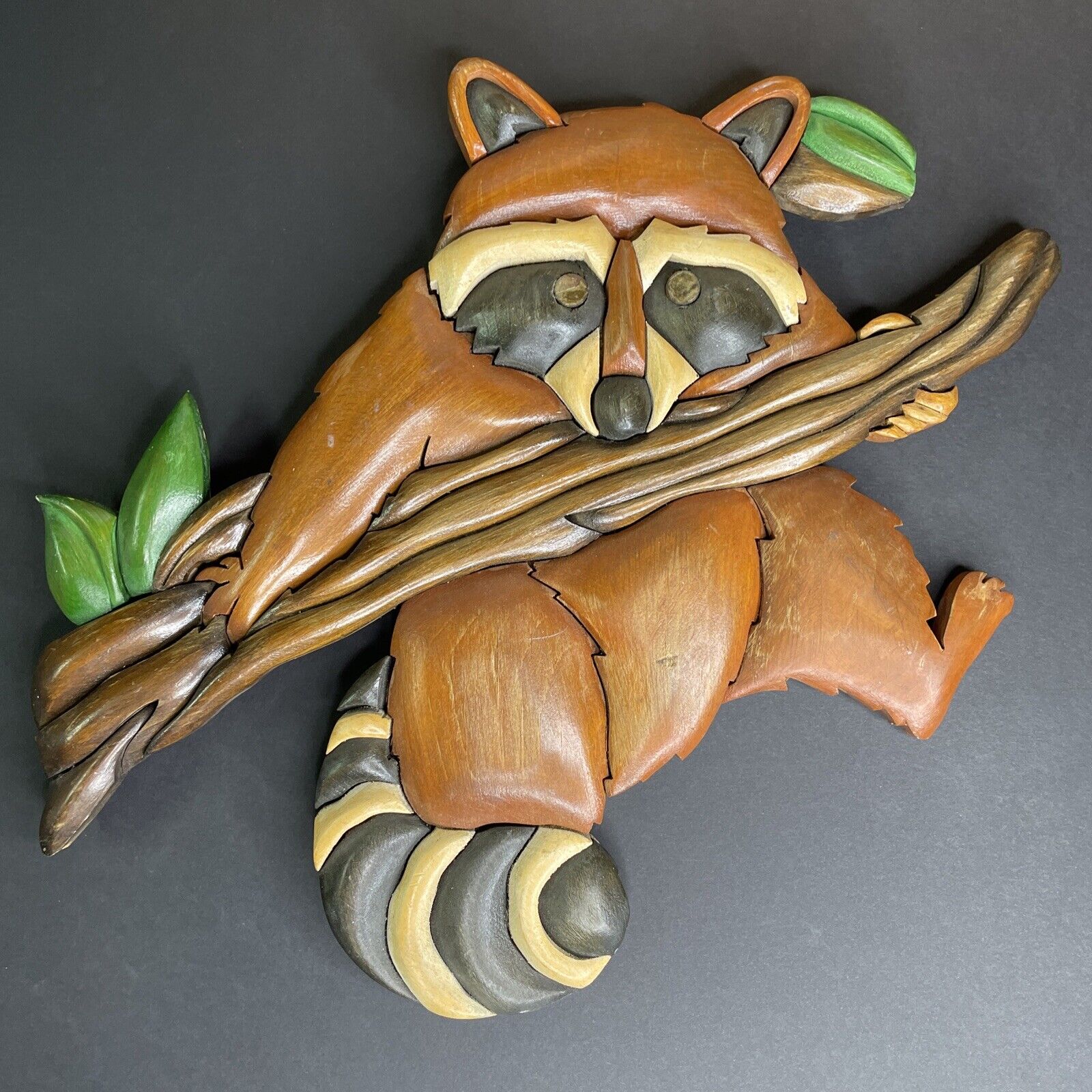 Vintage 1980s Racoon Hand-Carved Hand-Made Solid Wood Cottage Wall Hanging