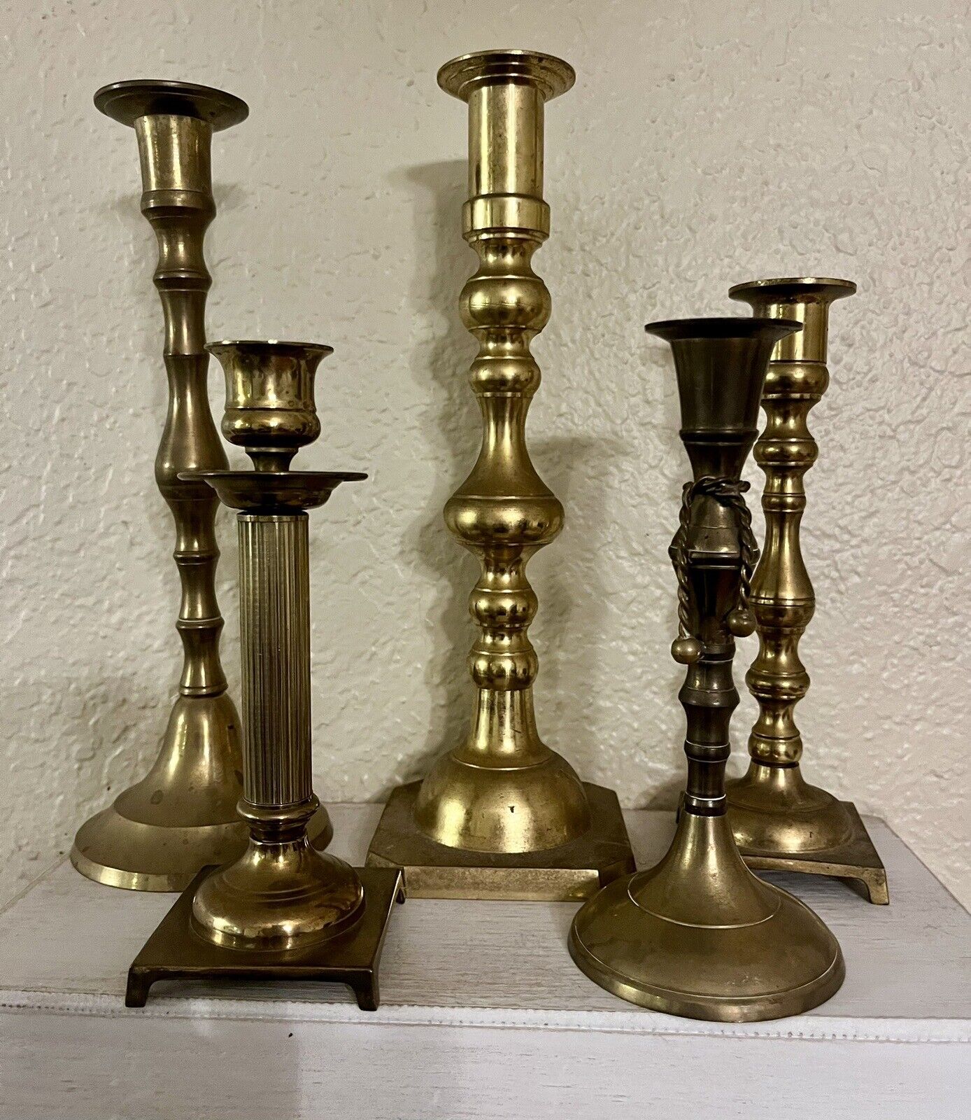 Lot Of 5 Antique Patina Brass Candleholders 
