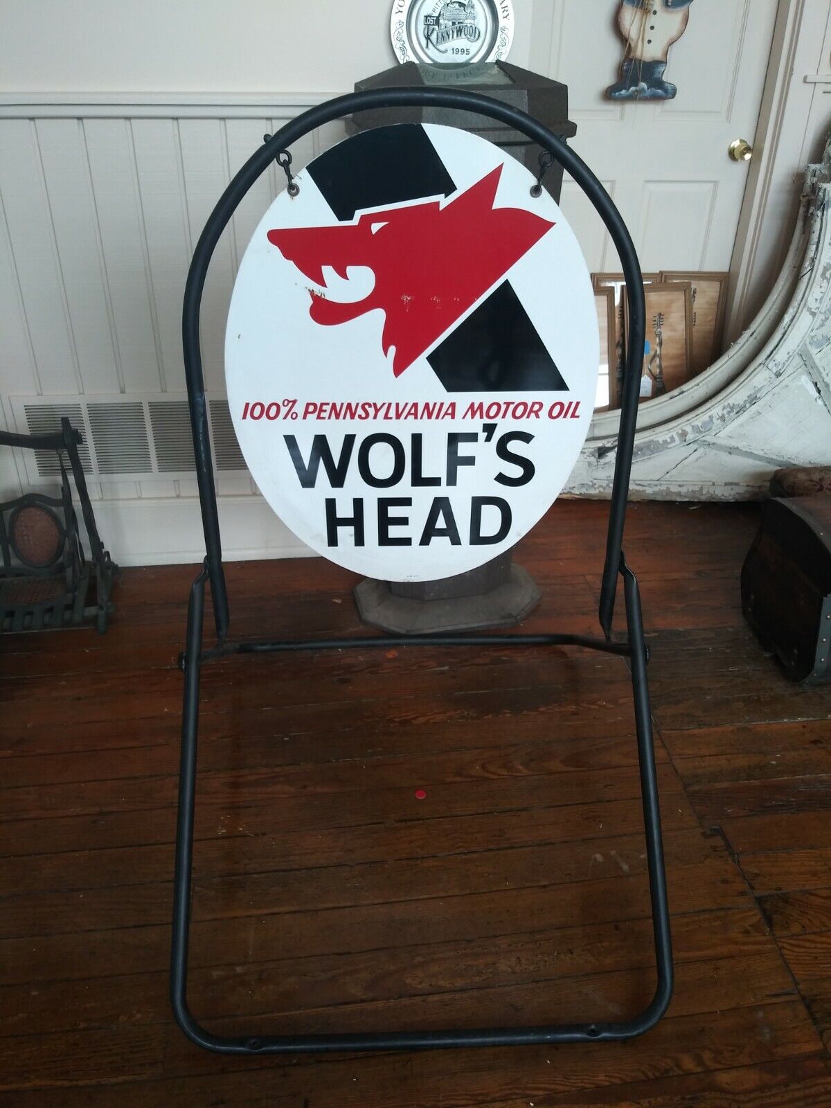 Wolf\'s Head Motor Oil Double Sided Metal Sign With Stand
