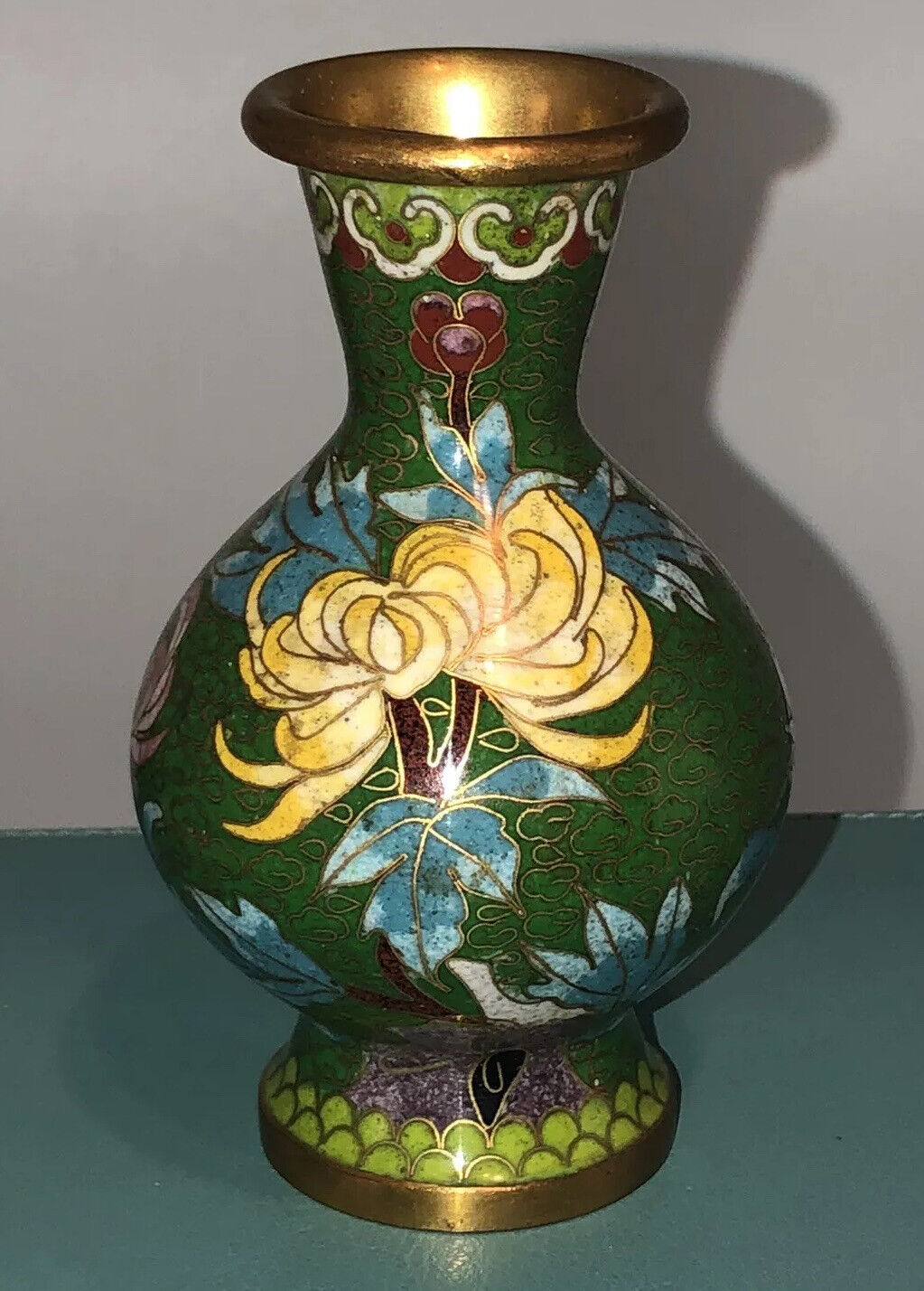 Vintage Cloisonné Vase 4 Inches Tall Green With  Flowers