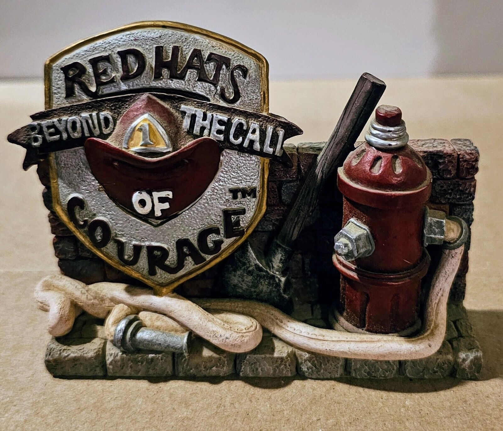 Red Hats Beyond The Call of Courage Fire Hydrant Hose Hat Axe On Brick Hearth 3\