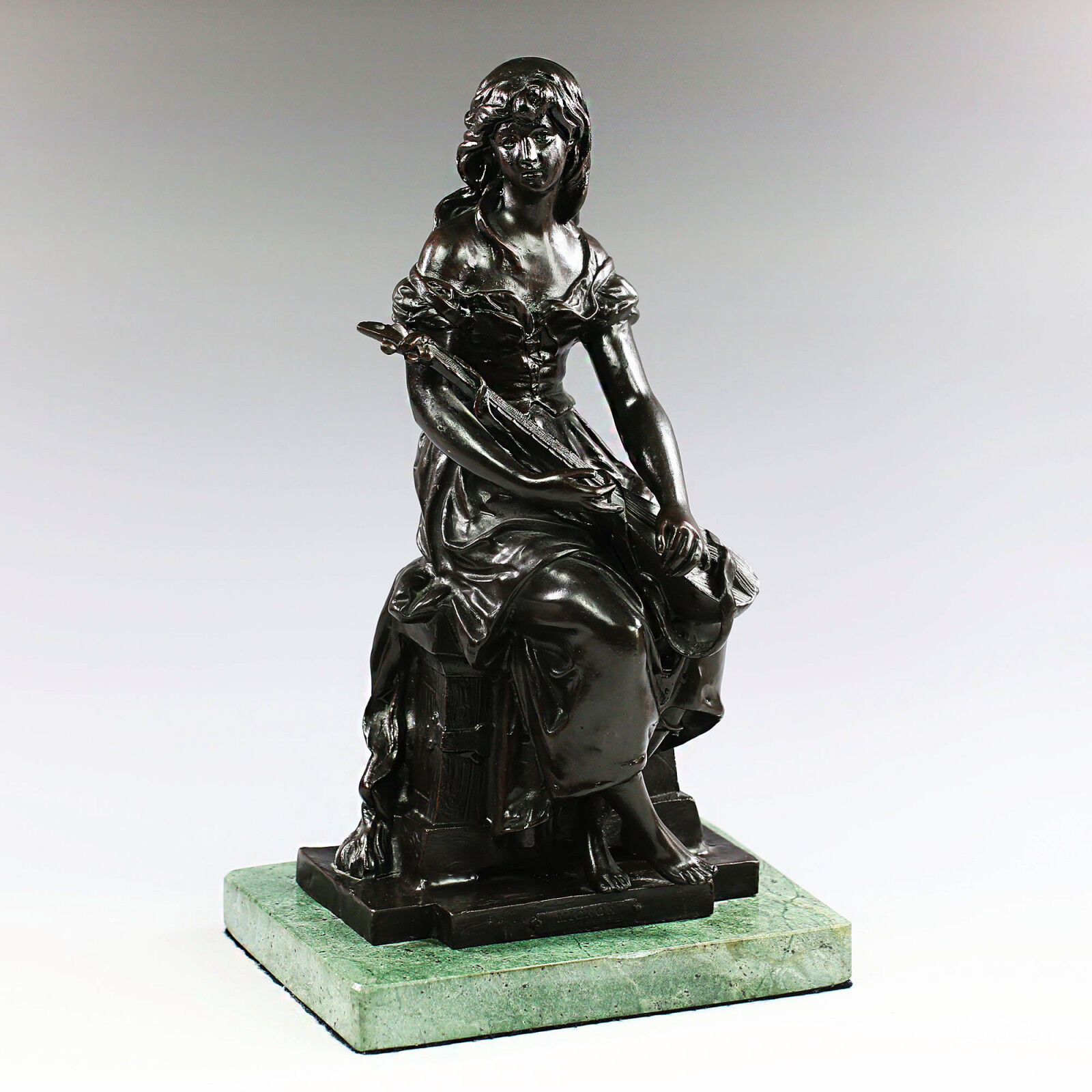 Bronze Figurine after Hippolyte Francois Moreau Woman w/ lute statue sculpture