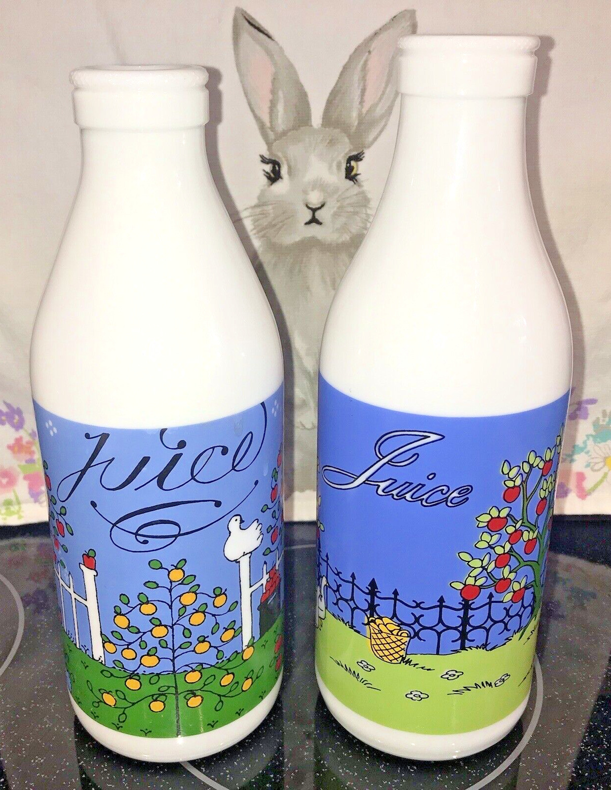 Two Vintage Milk / Juice Bottles Lillian Vernon Alan Wood Design Country Cottage