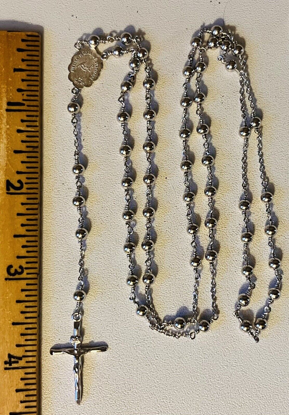 14k White Gold Plated Nuestra Senora de Guadalupe Rosary ~ 17” Hanging Length
