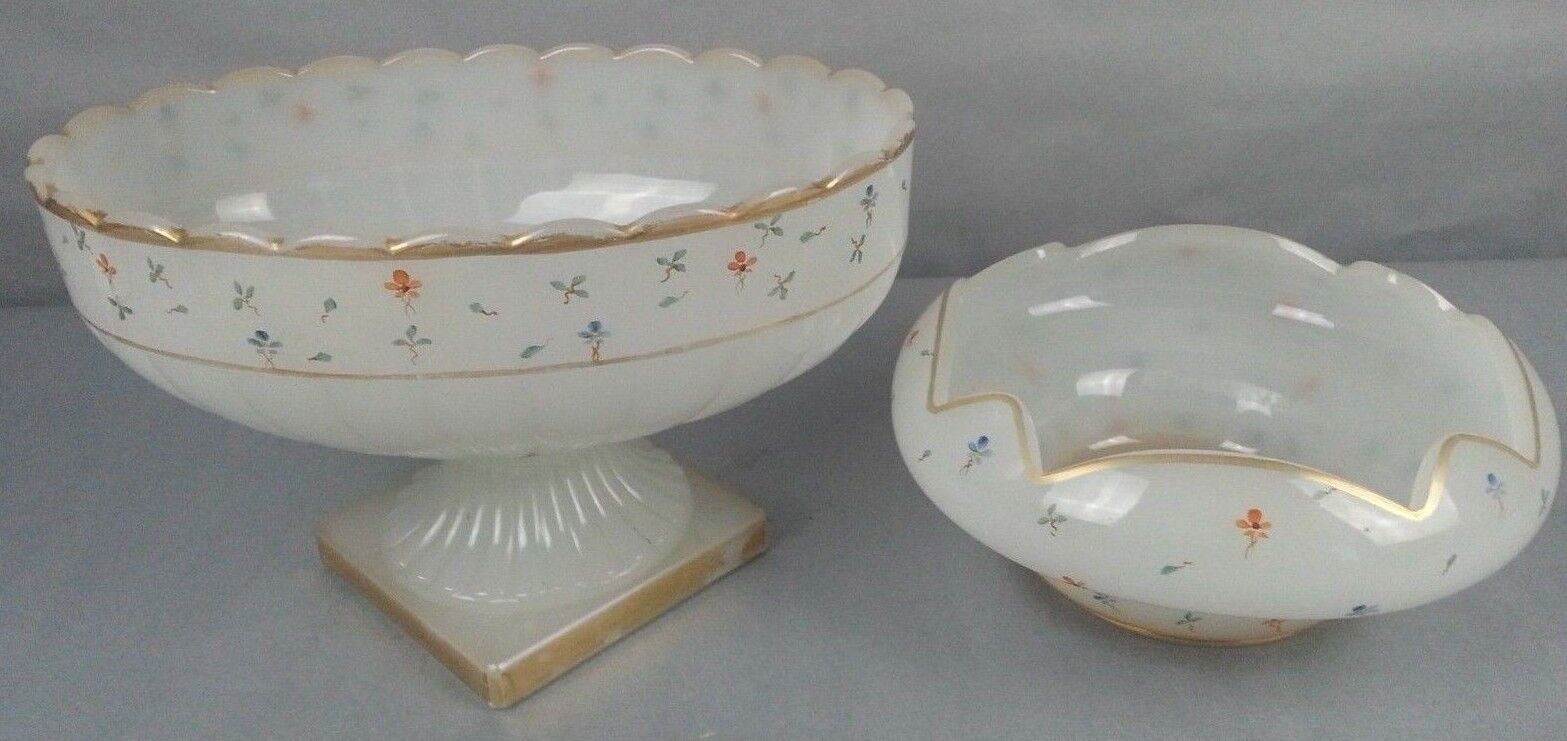  2 Pc Vintage Frosted Glass Petite Hand Painted Flowers Centerpiece Compote Bowl