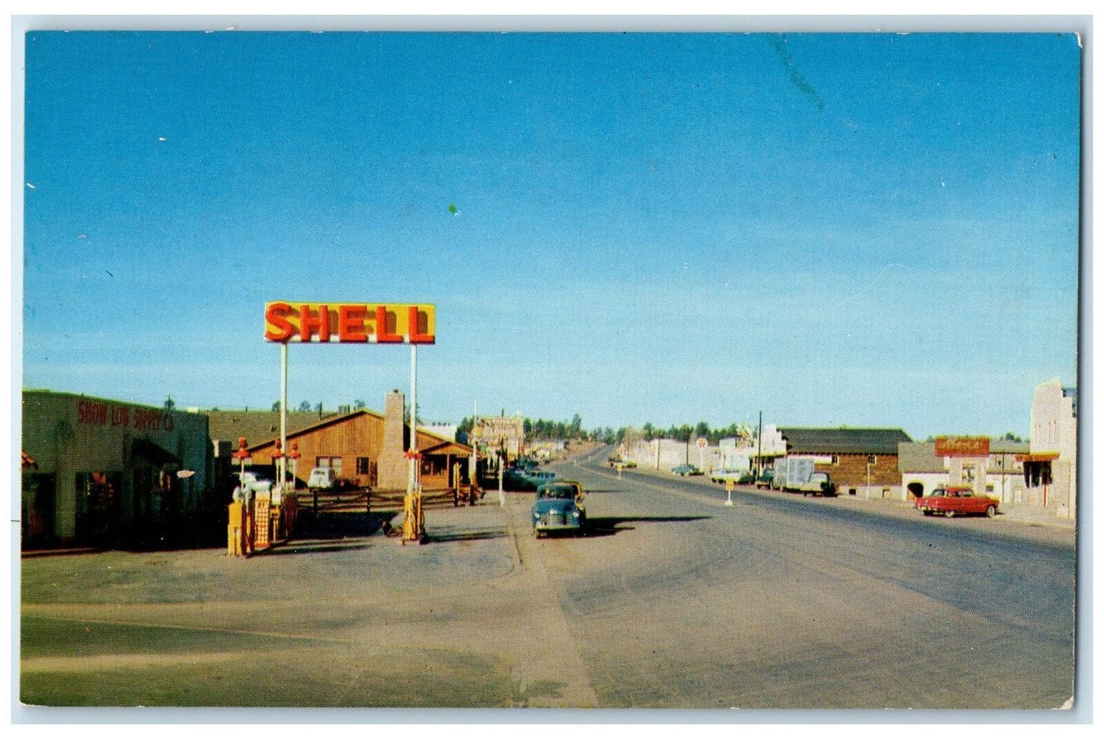 c1950\'s Farm & Lumber Town Gasoline Station Highway Show Low Arizona AR Postcard