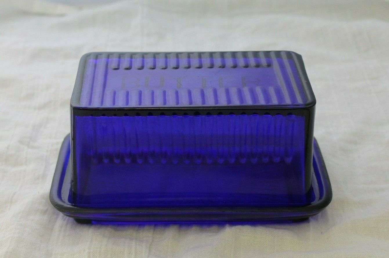Large Cobalt Blue Glass Butter Dish Embossed Retro Depression Style