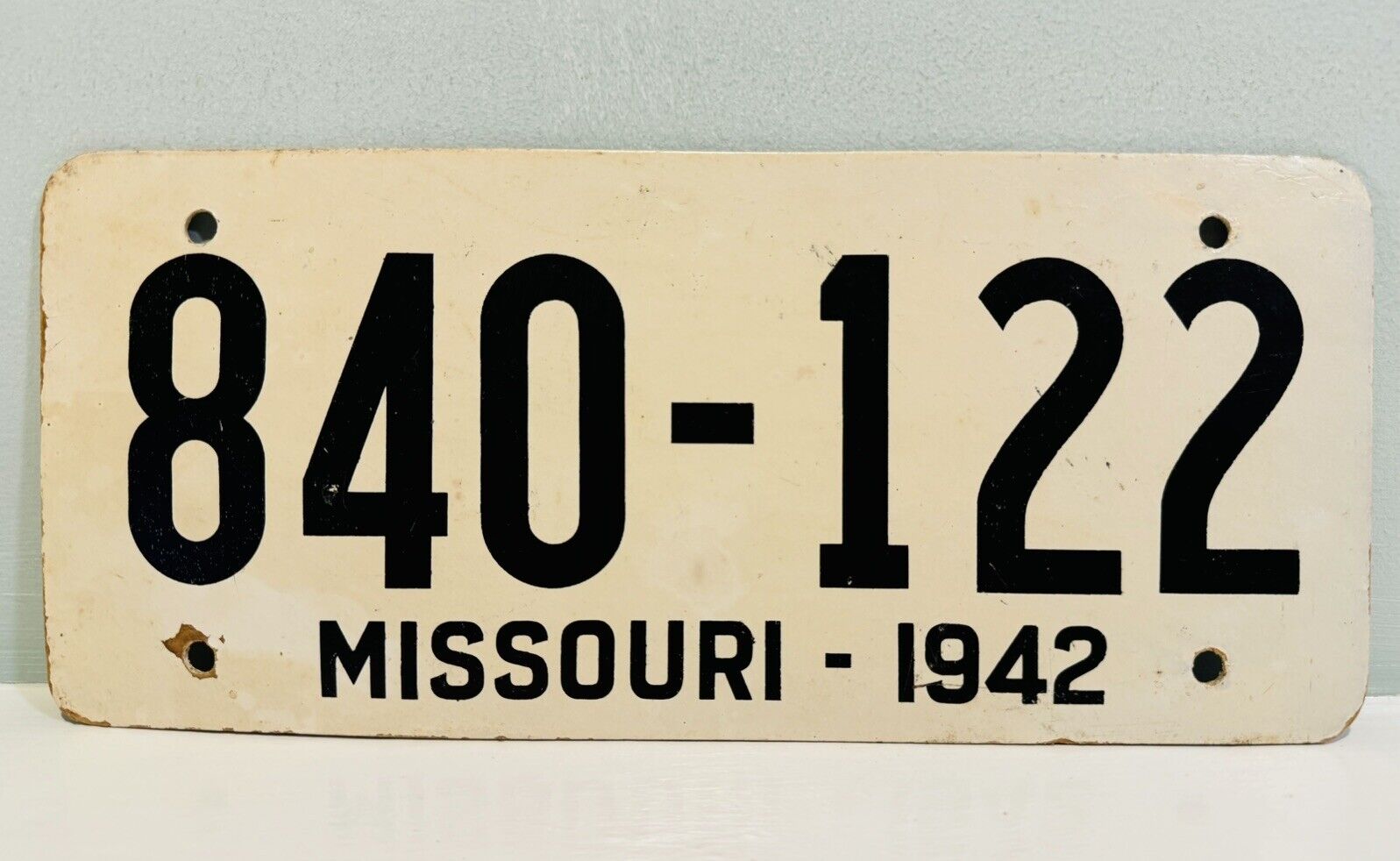 1942 Missouri License Plate 840-122 ALPCA Garage Decor Fiberboard WW2 Era