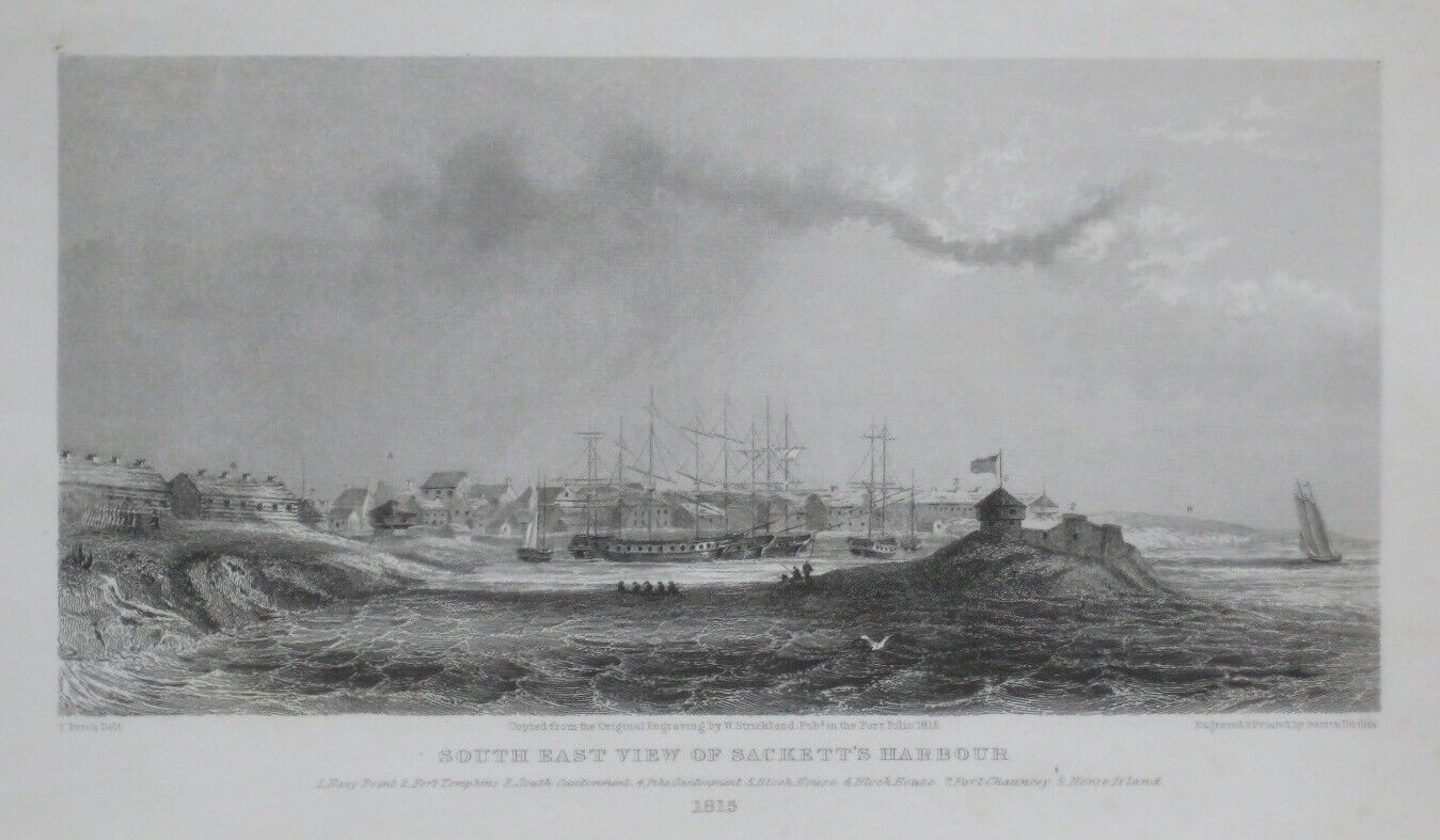 Original Antique Engraving SACKET'S HARBOR 1815 Sailing Ships Forts Lake Ontario