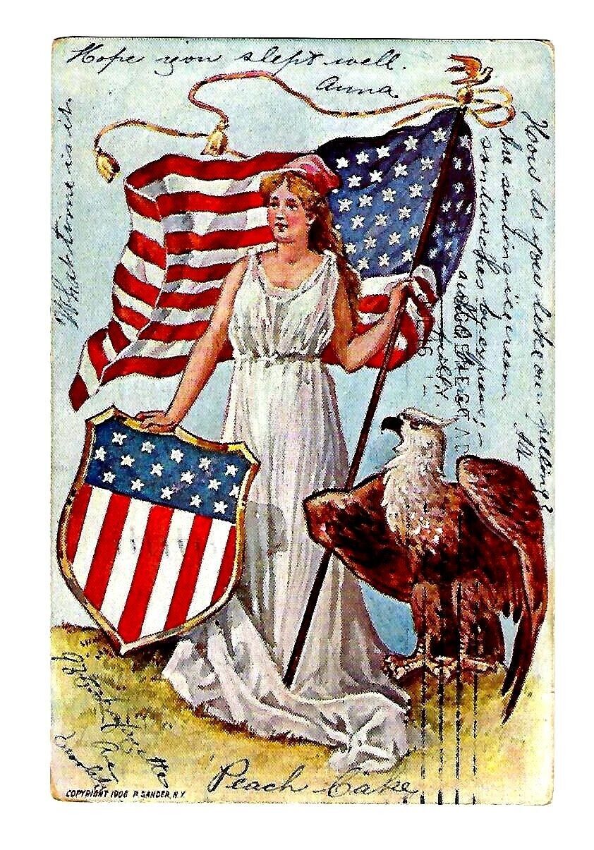 1906 Patriotic Postcard Lady Liberty w/ Shild,Flag & Eagle Embossed