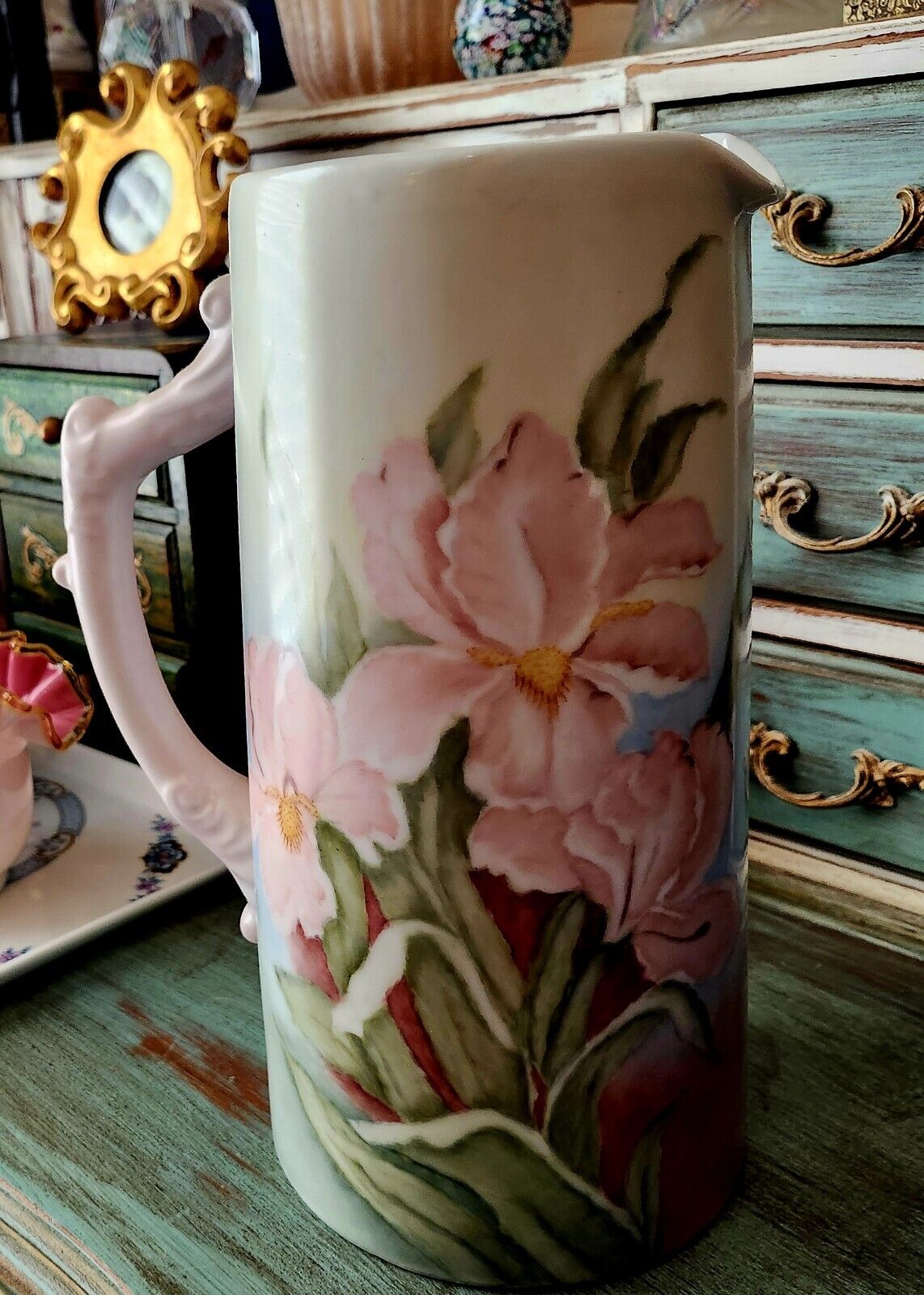 Tall Vintage Handpainted And Signed Loretta Bench Lovely Pitcher