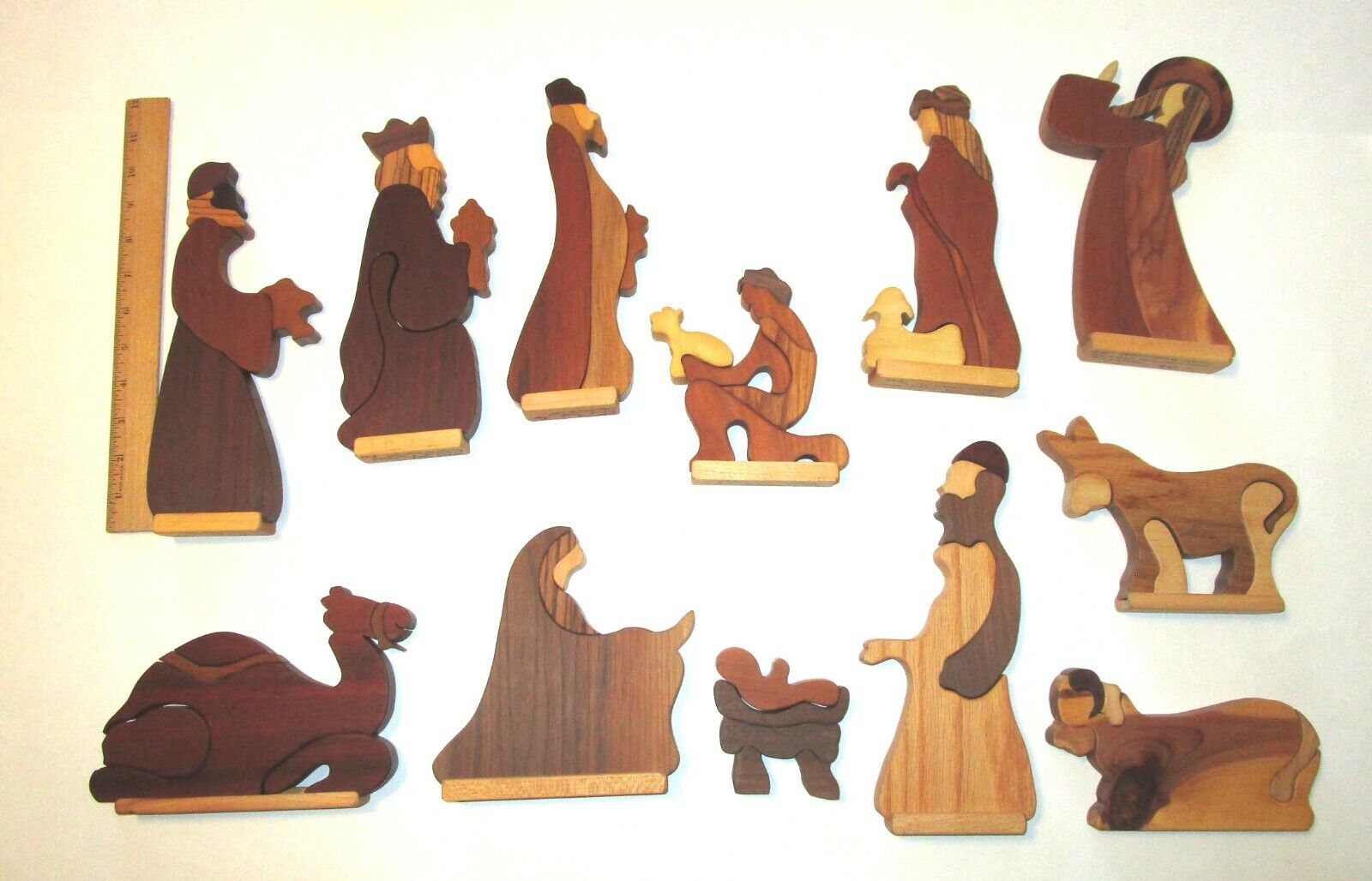 12 Piece Handmade Folk Art Nativity Set Wood Signed Dated Primitive Christmas