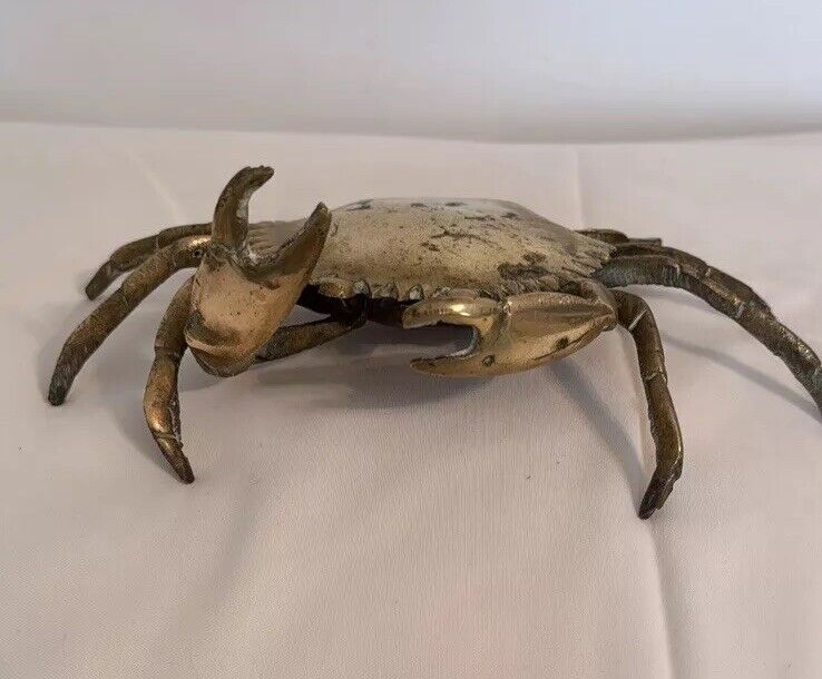 Vintage Soild Brass Crab Trinket Box Hinged Lid Movable Front Claws(B)