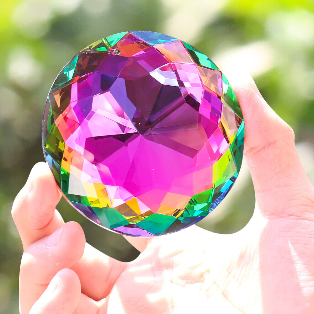 75MM Fengshui AB Aurora Colorful Round Crystal Faceted Prism Crystal Hanging