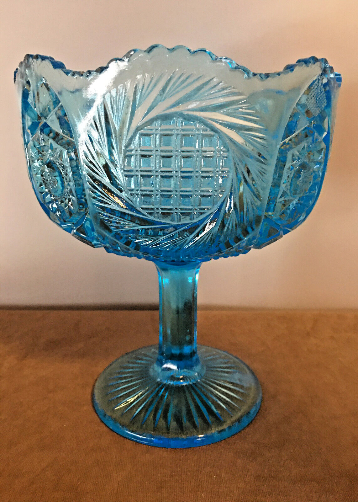 Pedestal Centerpiece Bowl/Compote Ice Blue Sunburst Pattern Mckee Glass Lg.