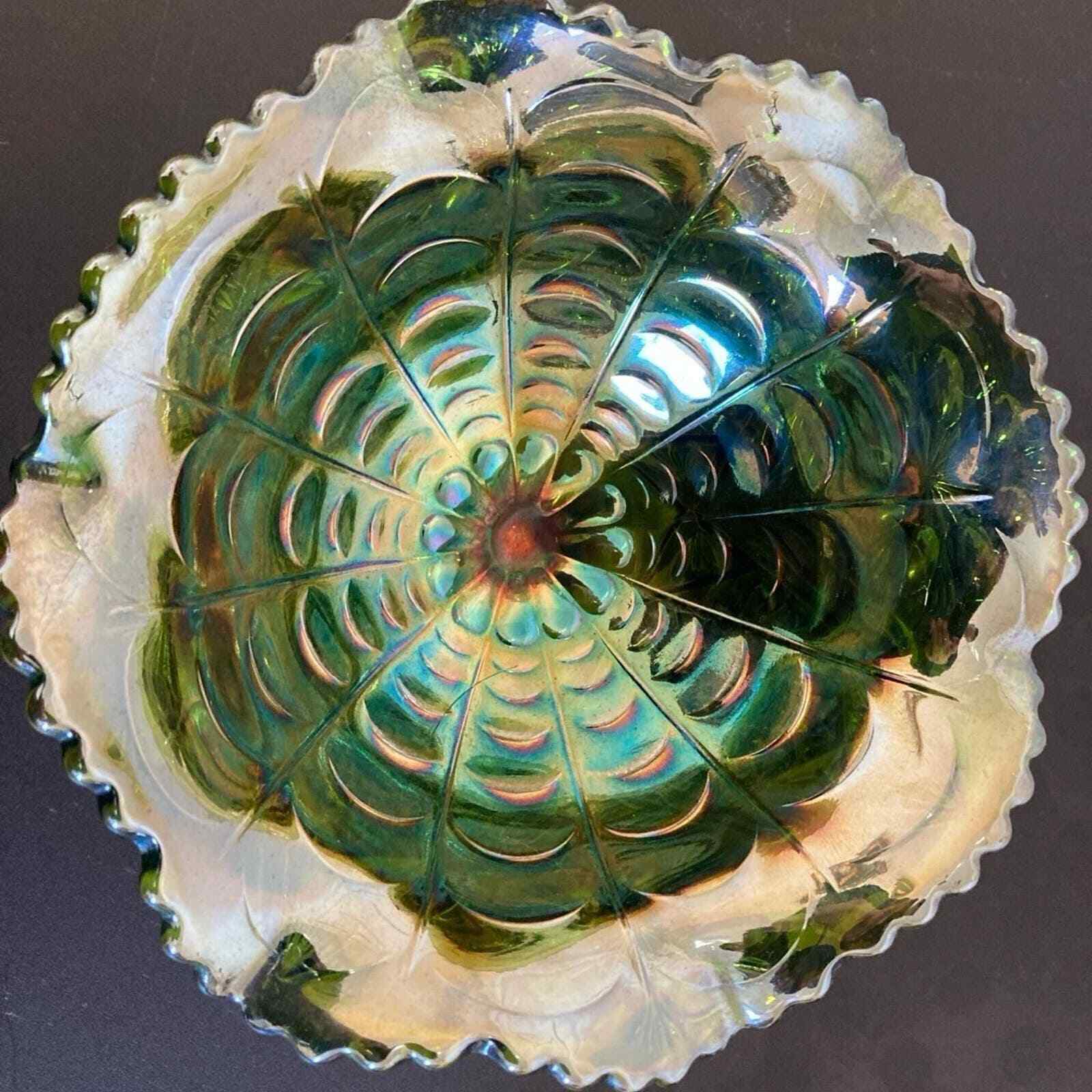Imperial Glass Co. Cosmos Daisy Iridescent Green Carnival Glass Compote