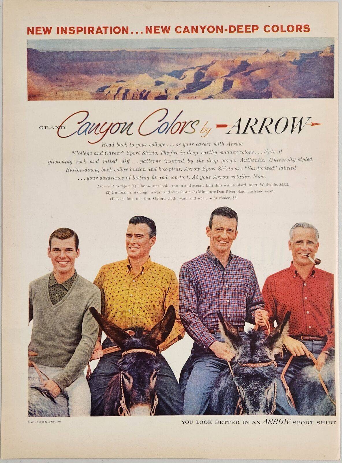 1959 Print Ad Arrow Shirts Grand Canyon Colors Men on Mules Man Smokes Pipe
