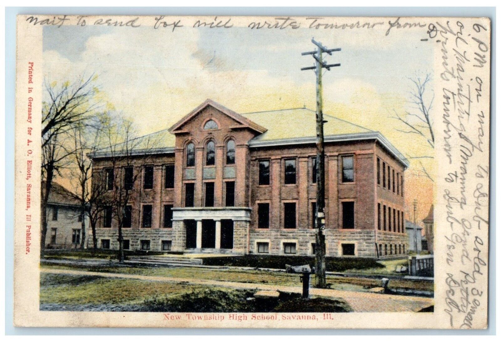 c1908 New Township High School Exterior Building Savanna Illinois IL Postcard