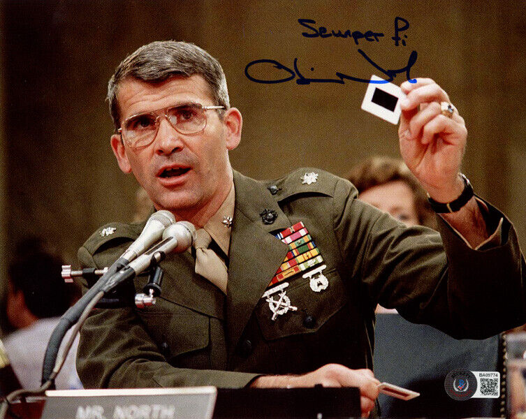 OLIVER NORTH SIGNED AUTOGRAPHED 8x10 PHOTO IRAN CONTRA SCANDAL USMC BECKETT BAS