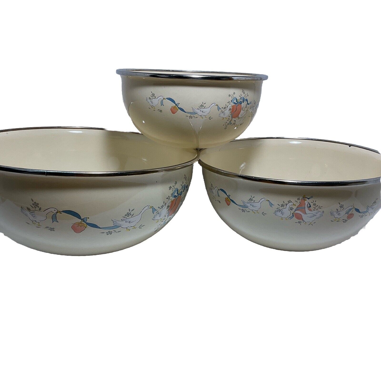 Vintage Country Geese Enamelware Nesting Mixing Bowl Set- Three Bowls
