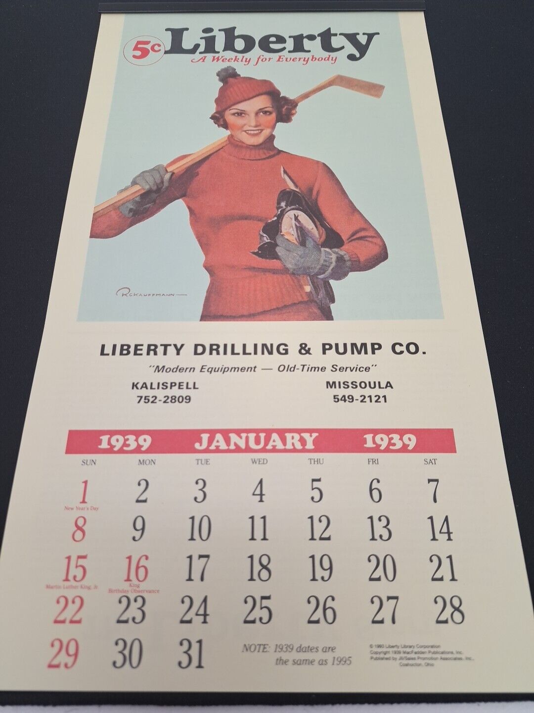 Vintage 1939 Liberty Wall Calendar with Beautiful Illustrations & Ads Repro