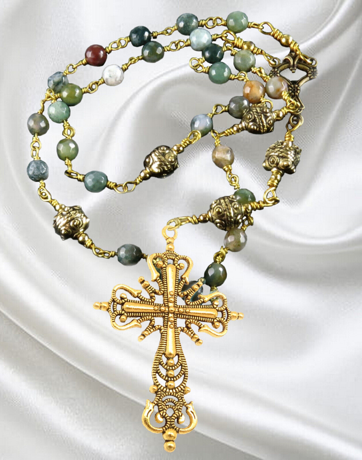 Anglican Unbreakable Rosary, Green Agate Beads, Gold Tone Beads, Filigree Cross