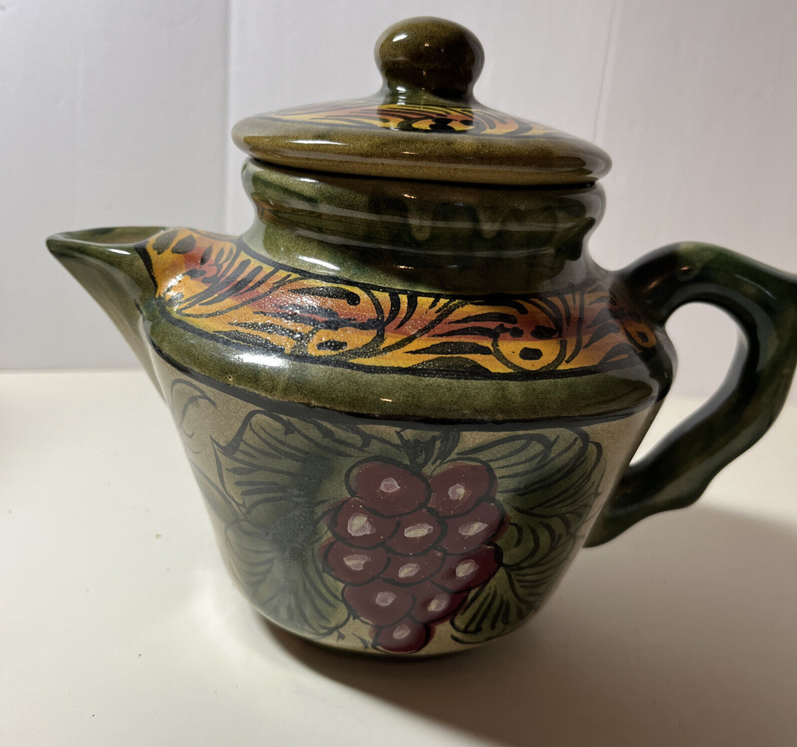 Teapot Made In Mexico Pottery Green With Grapes Unique Handle