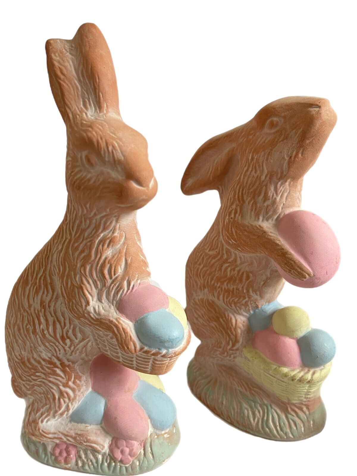 VTG Midwest Importers EASTER Pair of TERRACOTTA Bunny RABBITS Hand-painted EGGS