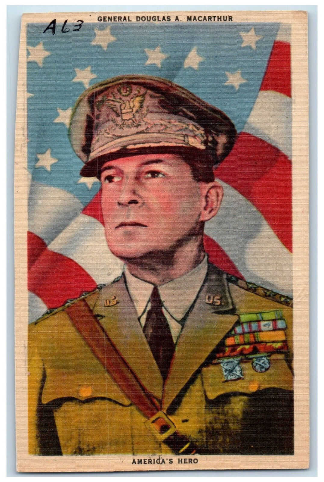 c1940's General Douglas A Macarthur, America's Hero Unposted Vintage Postcard