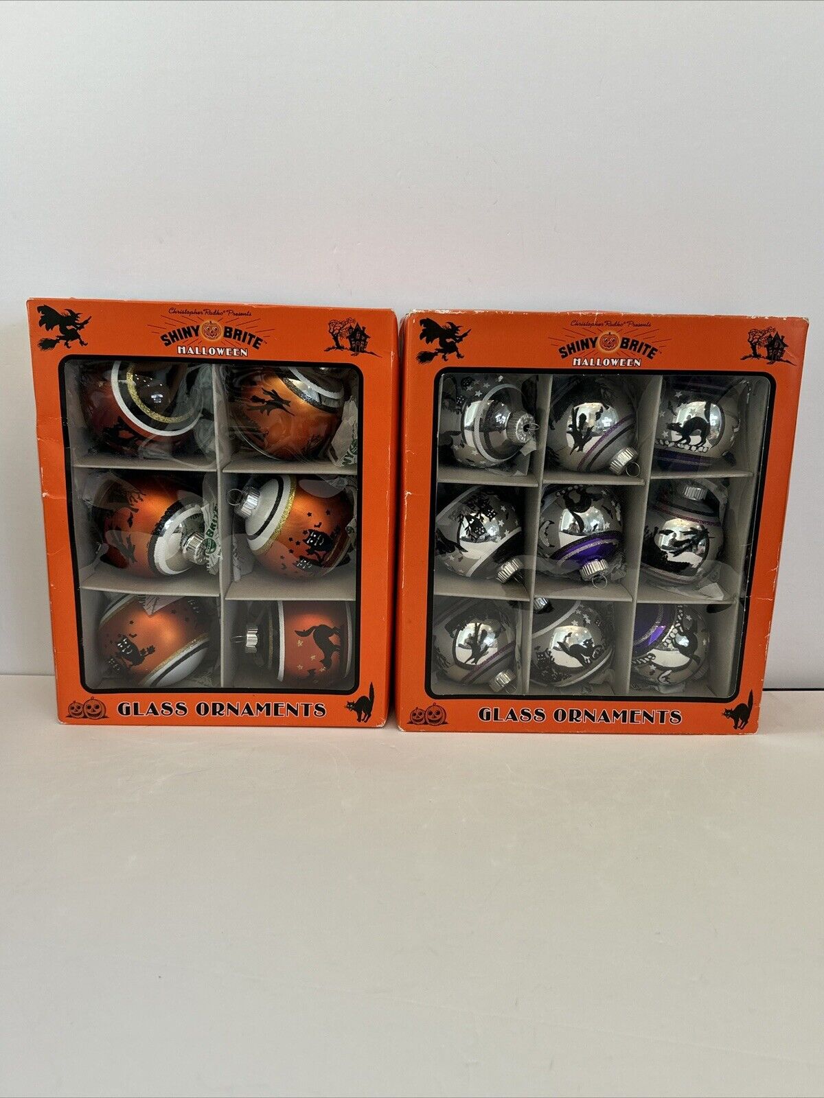 Christopher Radko Shiney Brite Halloween Glass Ornaments Set of Witches Cats Owl