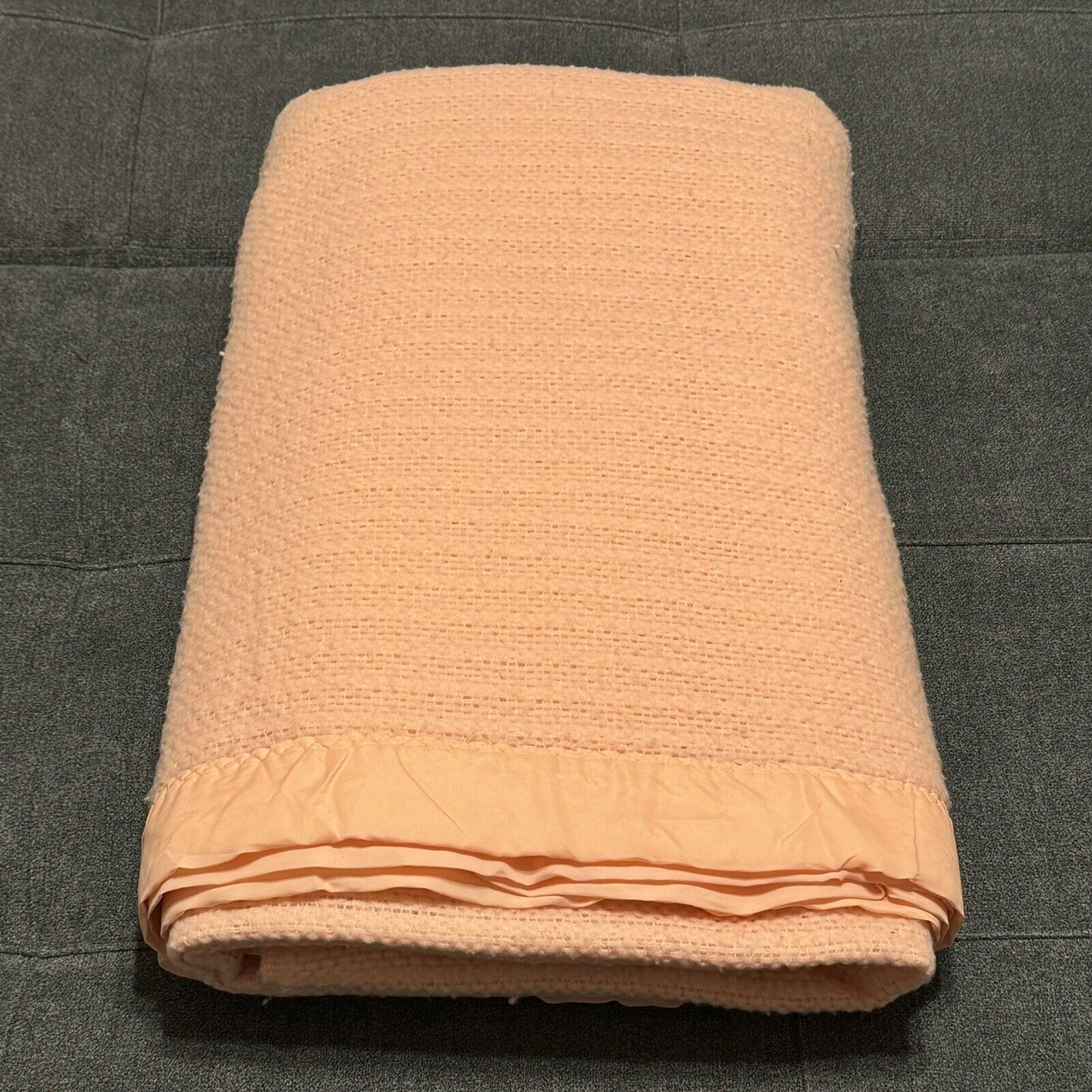 Vintage Satin Edge Blanket Pink Peach Made in USA 82 x 90 Queen Size