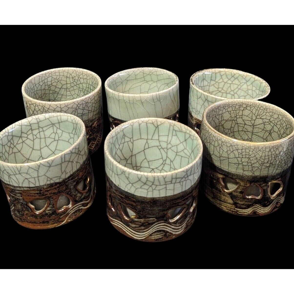 Obori Somayaki Pottery Drinking Set (6) And Saucers (4) Brown and Grey Crackle