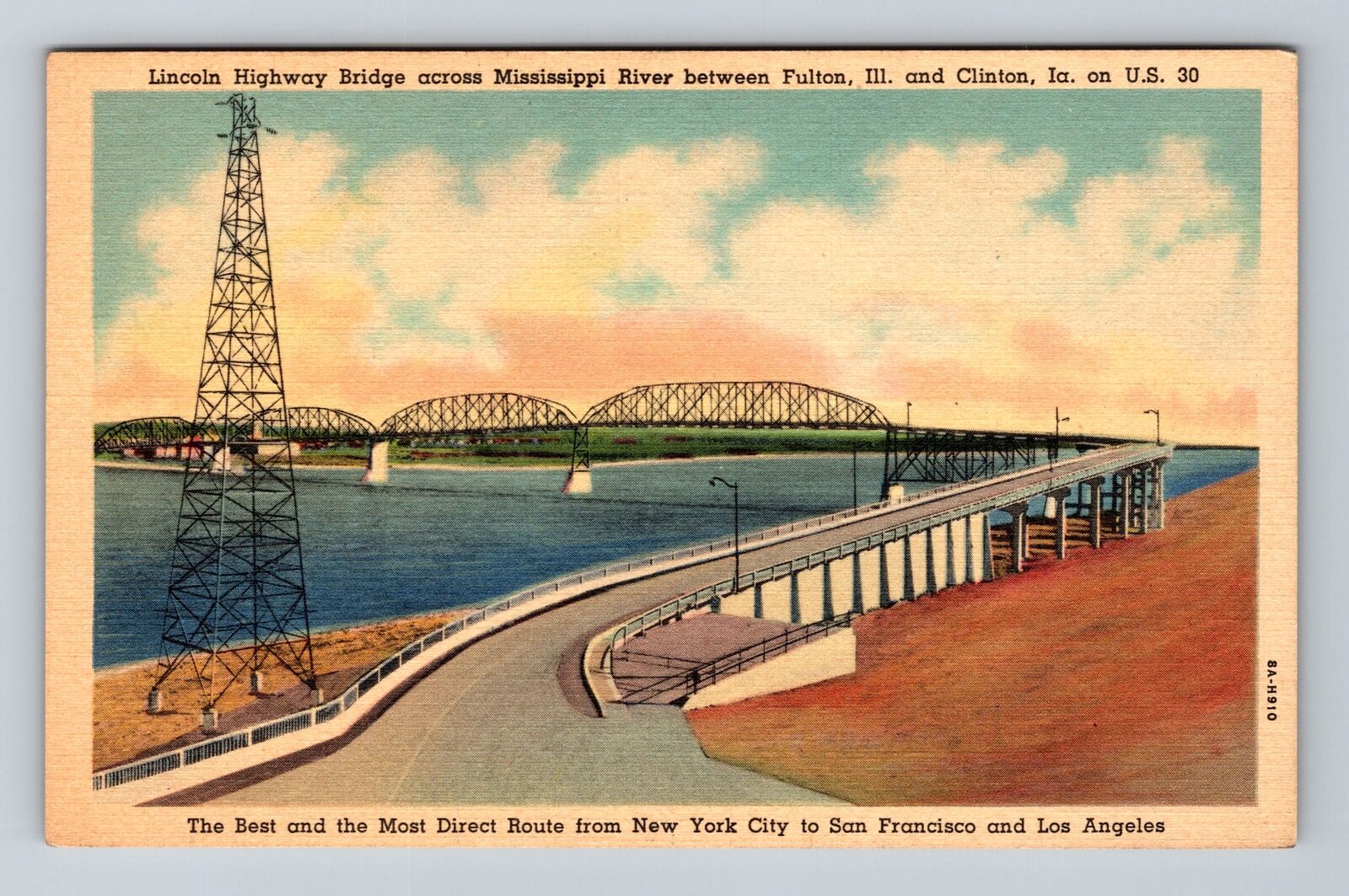 Fulton IL-Illinois, Mississippi River, Lincoln Hwy Bridge, Vintage Postcard