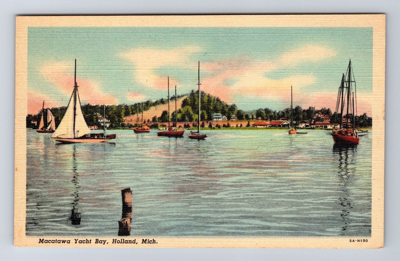 Holland MI-Michigan, Macatawa Yacht Bay, Sailboats, Antique Vintage Postcard