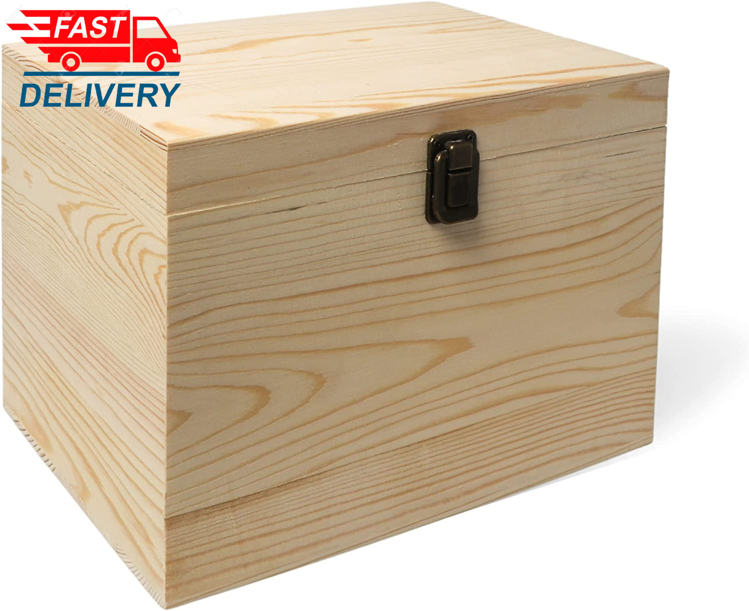 (1-Pack) 10x7x7-Inch Large Unfinished Wooden Box with Hinged Lid & Front Clasp
