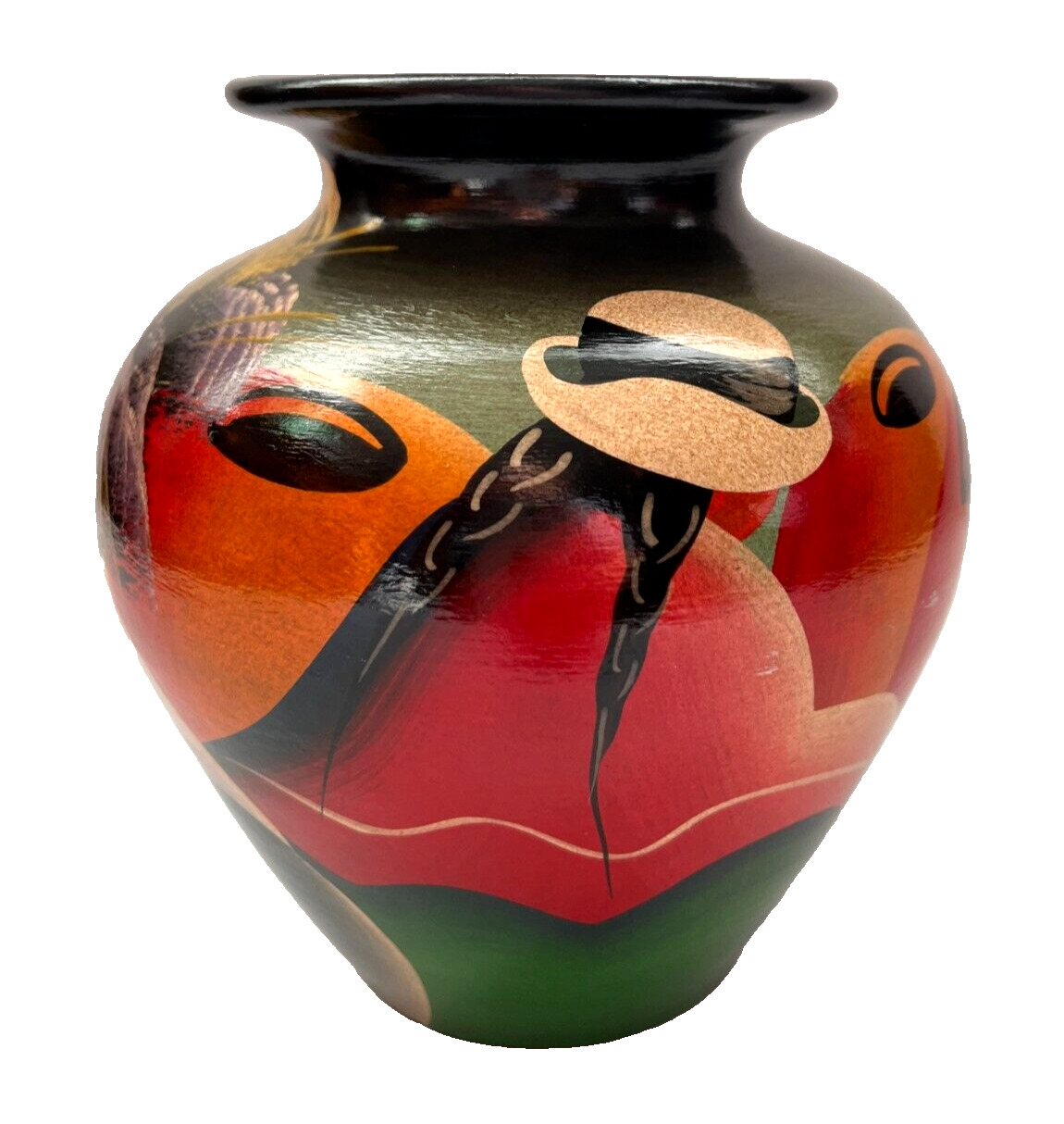 Handpainted South American Art Pottery Vase Vibrant Color Geometric Shape Signed